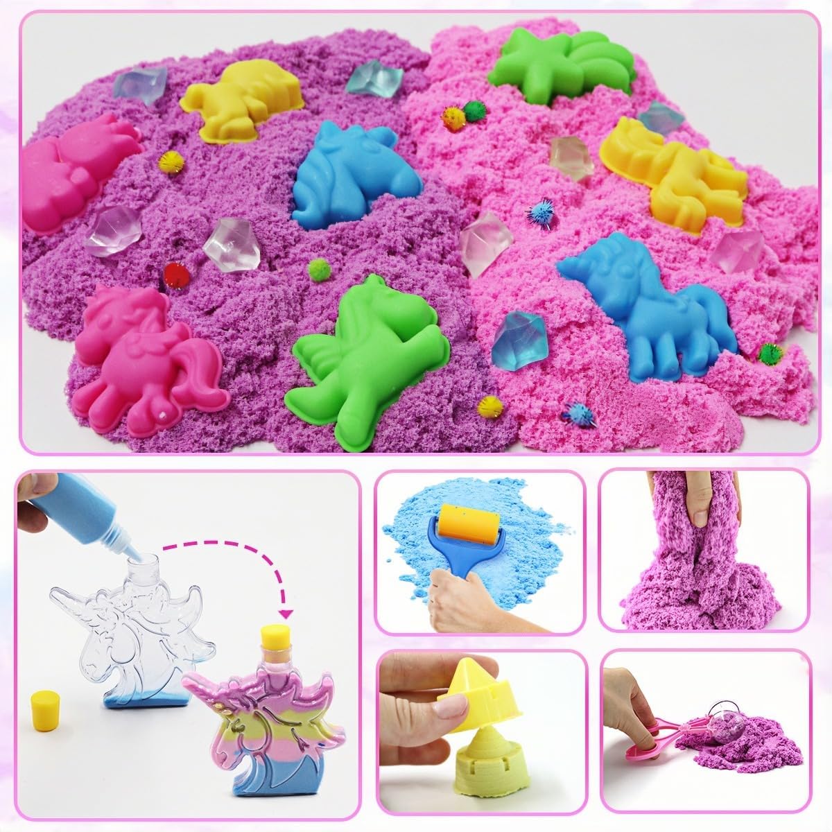 Unicorn Sensory Bin Sand Kit - 155 Pcs with 2.2lbs Sand, 9 Castle & 8 Unicorn Molds, 12 Tools, Tactile Sensory Fillers for Girls Age 4-9 Gifts