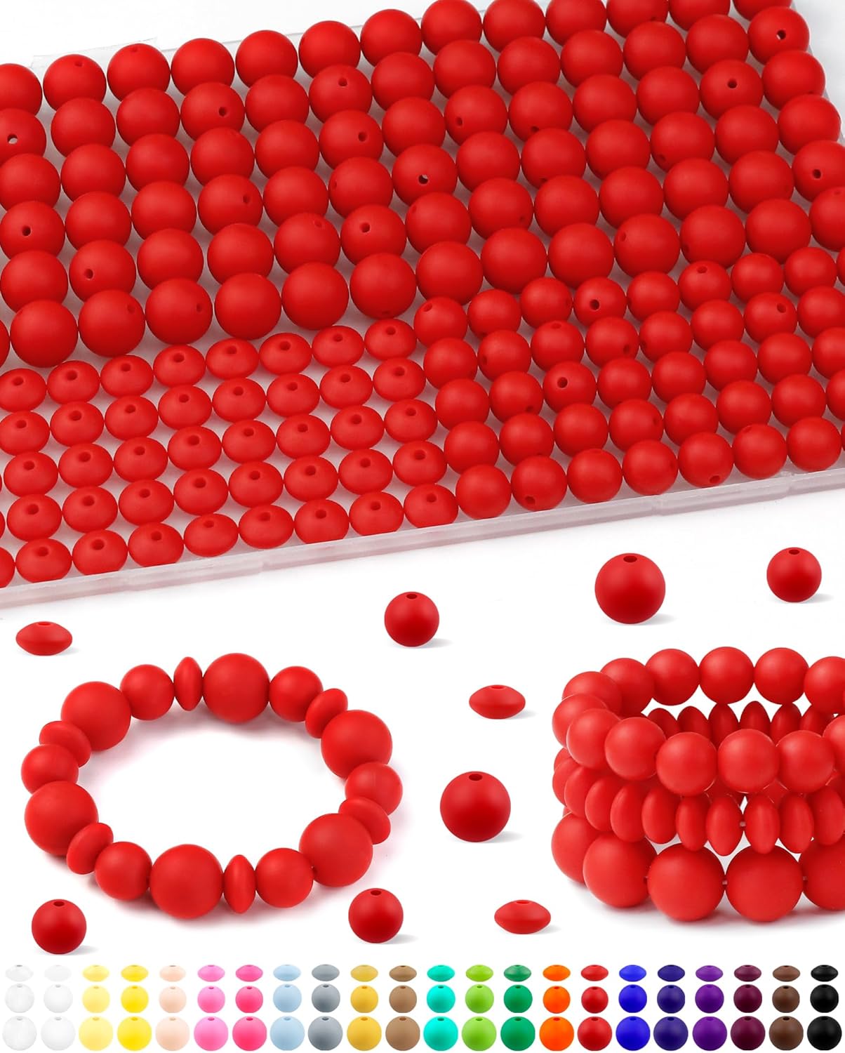 200Pcs FIVEIZERO Mixed Silicone Beads for Keychain Making, 12mm 15mm Round and 12mm Lentil Silicone Beads for Pens Bracelet Necklace DIY Crafts(Black)