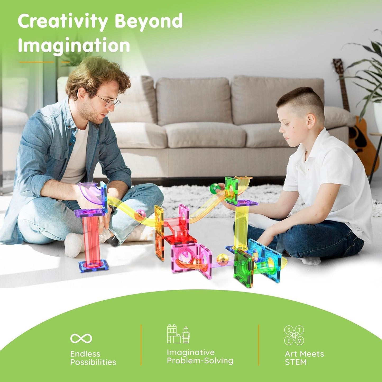 PicassoTiles 70pc Marble Run Magnetic Tiles STEM Set for Kids Ages 3 and Older Magnet Tile Marbles Maze Building Blocks Brain Development Toy Preschool Educational Learning Construction Playset PTG70