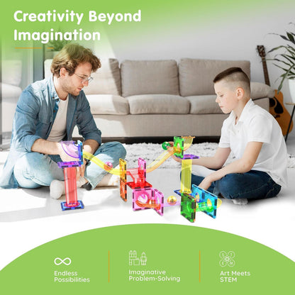 PicassoTiles 70pc Marble Run Magnetic Tiles STEM Set for Kids Ages 3 and Older Magnet Tile Marbles Maze Building Blocks Brain Development Toy Preschool Educational Learning Construction Playset PTG70