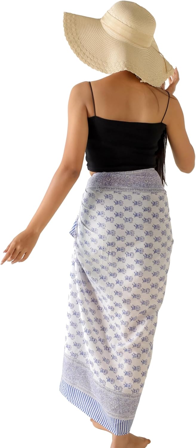 100% Cotton Sarong Cover Up for Women Indian Block Print Beach Wrap Skirt Long Boho Swimsuit Bikini Pareo (73” x 43”)