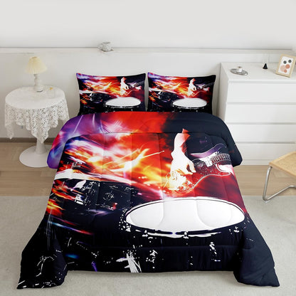 Erosebridal Drum Kit 3D Print Kids Comforter Sets Rock Music Themed Full Bedding Set for Boys Girls Musical Pattern Comforter Set,Colorful Retro Style Quilt Duvet 3 Pcs