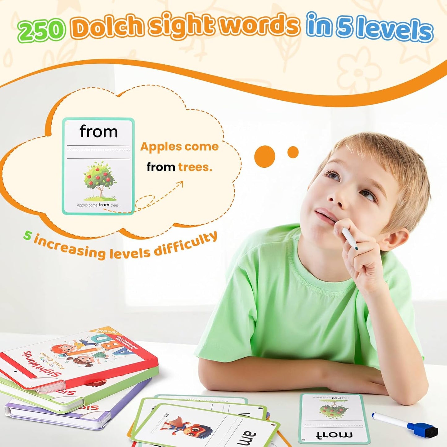 DEGIDEGI Big Size Sight Words Flash Cards Kindergarten, 250 Dolch Sight Words Game with 5 Levels, Preschool Toddler Flash Card for Writing Reading Spelling Game, Educational Learning Toy for Kid Age 3