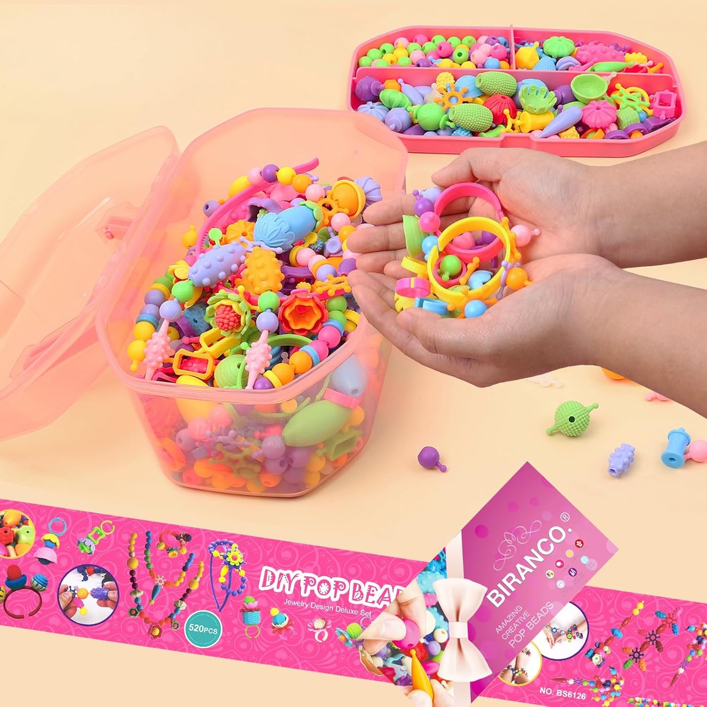 BIRANCO. Pop Beads, Jewelry Making Kit - Arts and Crafts for Girls 3-7 Years Old, Snap Beads Toys - Necklace, Bracelet, Ring Creative DIY Set - 520 pcs