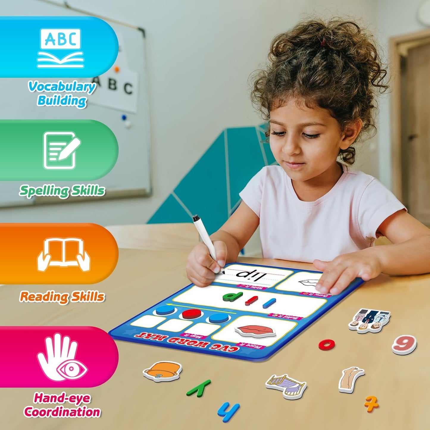 Kasfalci CVC Word Games,Phonics Games,Magnetic Letters & Dry Erase Board,Refrigerator Fridge Alphabet ABC Magnets for Kids Toddlers,Elkonin Box,Speech Therapy,Spelling Reading Manipulative Classroom