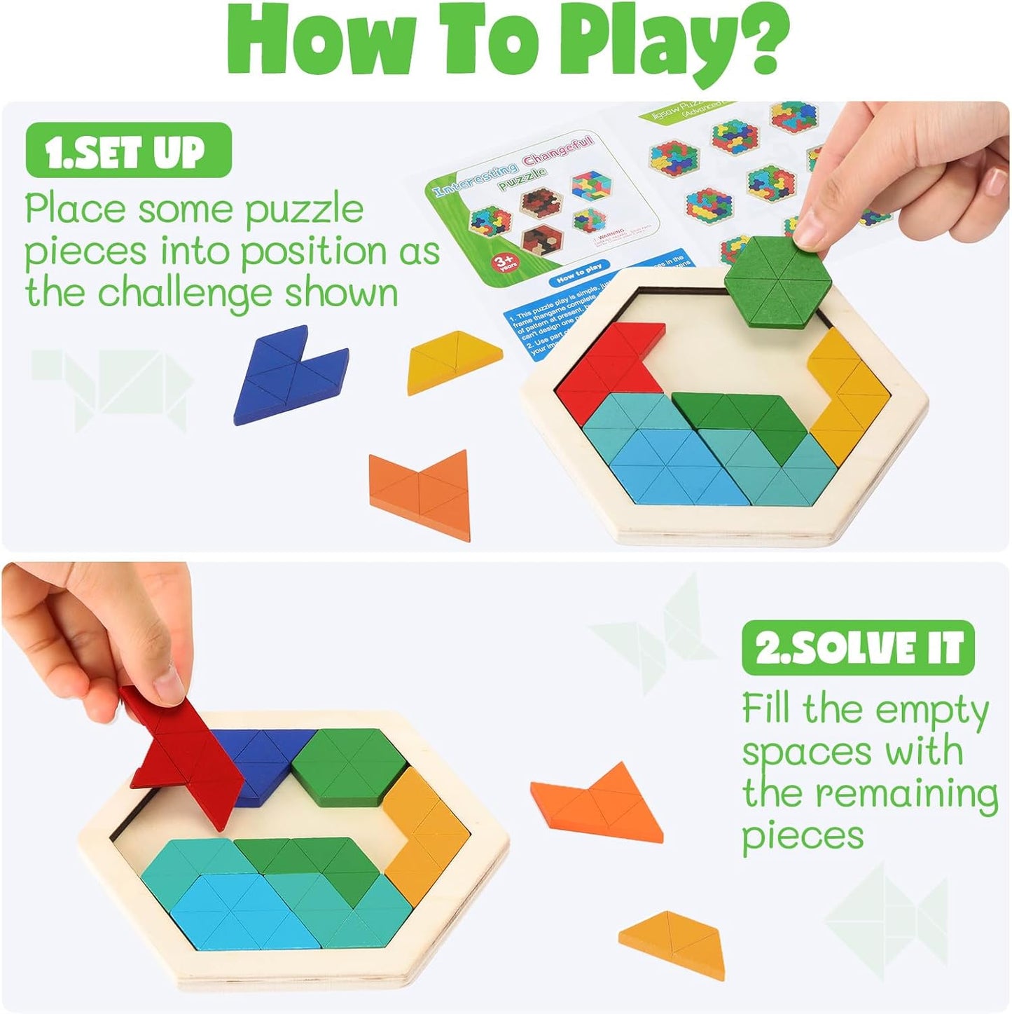 Yunsailing 3 Pack Large Hexagon Tangram Puzzle Wooden Brain Puzzles for Adult Challenge Wood Russian Blocks Brain Teasers Geometric Jigsaw Block Logic Iq Stem Family Graduation Gifts(Vintage)