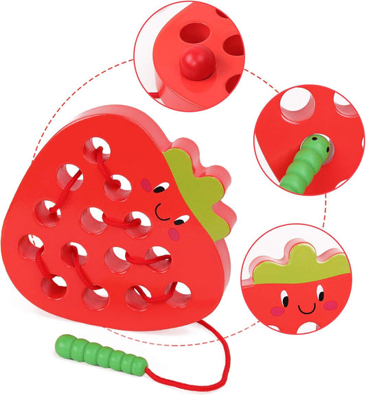 Wooden Lacing Threading Toys Fine Motor Skill Toys for 3 Year Old Educational and Learning Montessori Toddler Travel Toy 1 Strawberry and 1 Dog