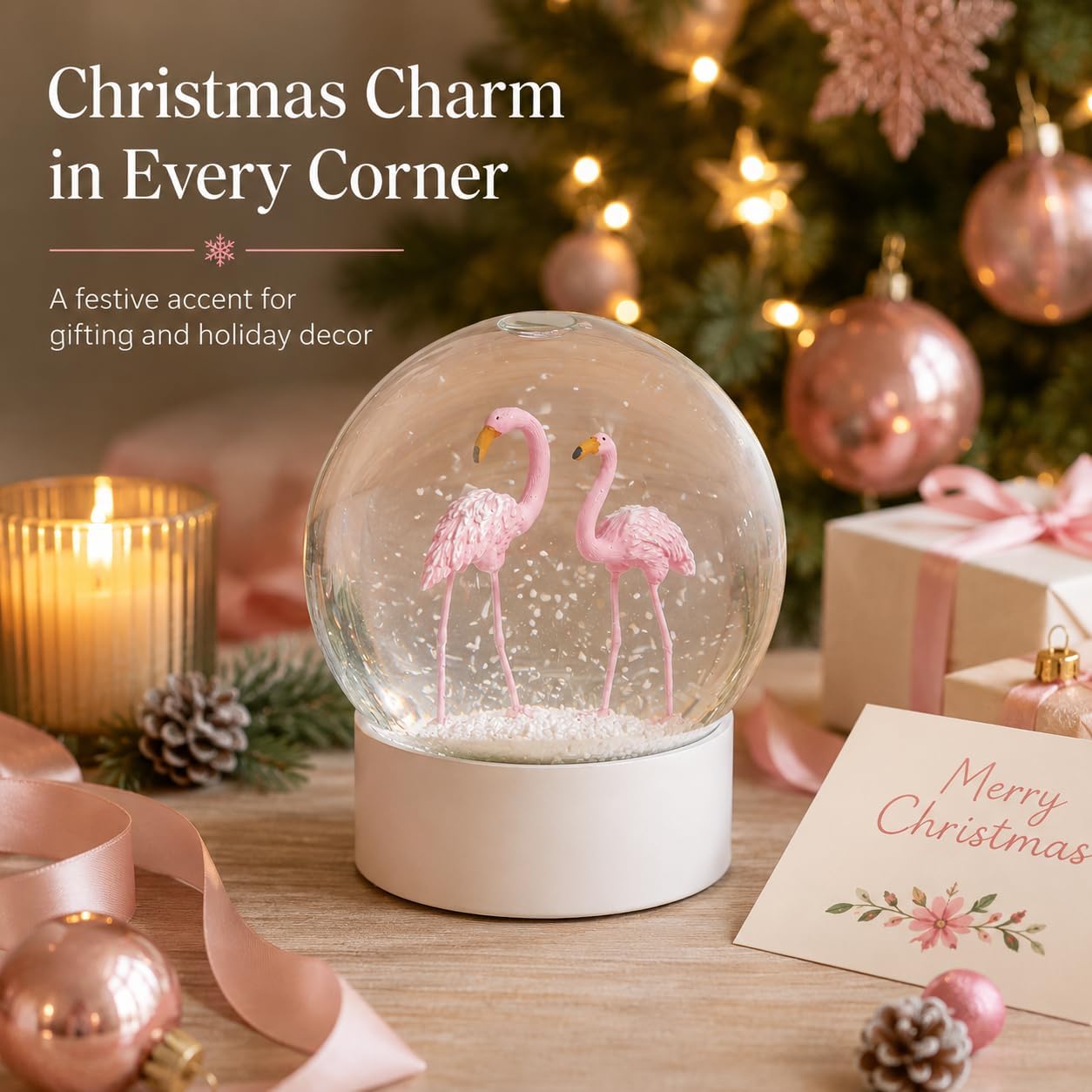 Flamingo Snow Globe for Adults, Christmas Snow Globes for Girls Kids Women, 100MM Glitter Snowglobe Gifts for Valentines Halloween Birthday Table Decor