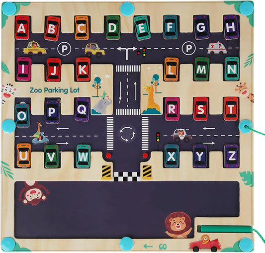 Magnetic ABC Parking Board,2025New Wooden Magnetic Alphabet Maze Letter Puzzle Board,Montessori Alphabet Parking Maze,Preschool Educational ABC Learning Fine Motor Skills Game Christmas Birthday Gift