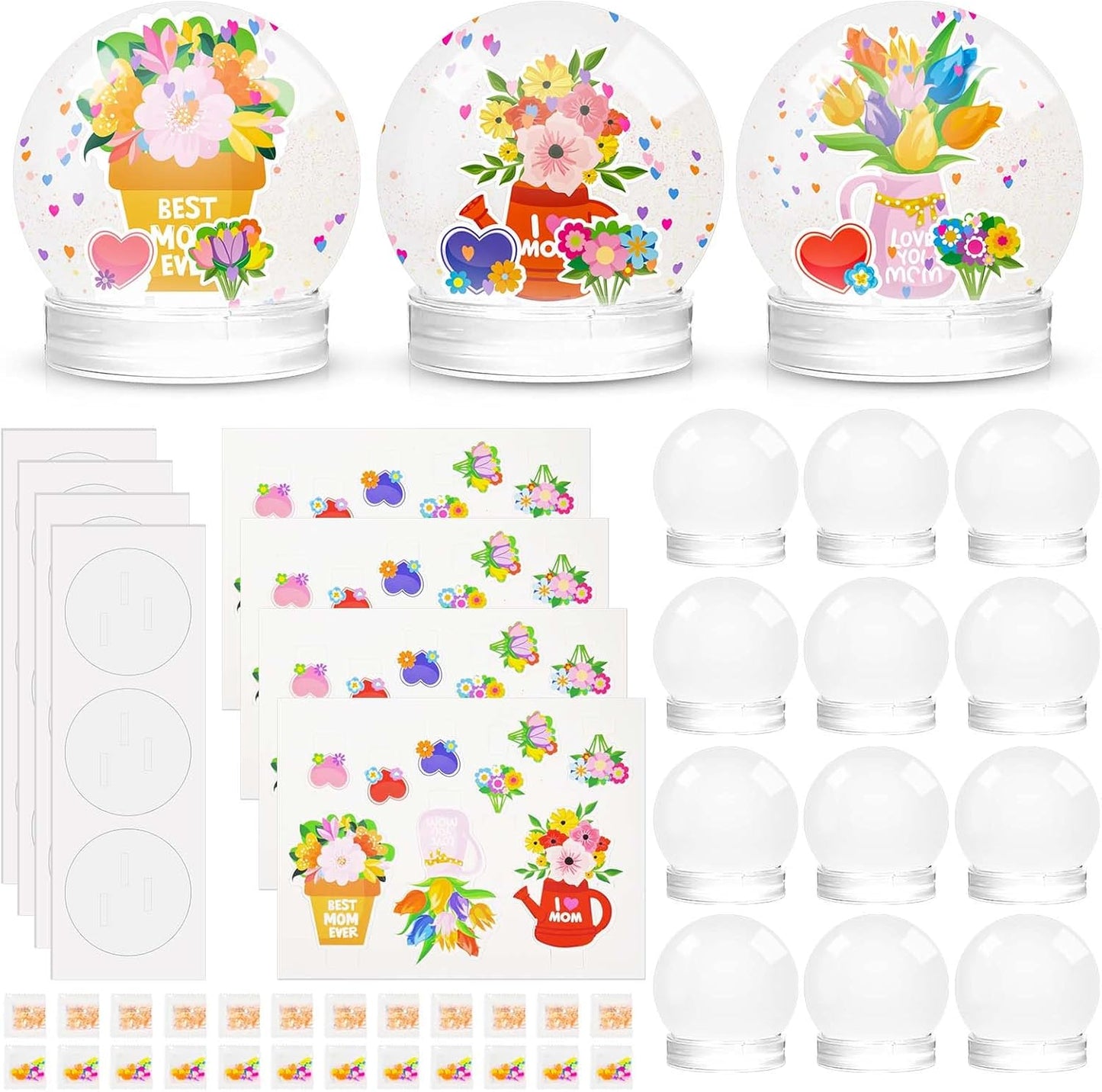 Cinrobiye 12 Pack Mother's Day Snow Globe Craft Kit for Kids, DIY Glitter Flower Water Globe Set with Stickers & Base, Preschool Classroom Activity, Handmade Gift for Mom Party Favors