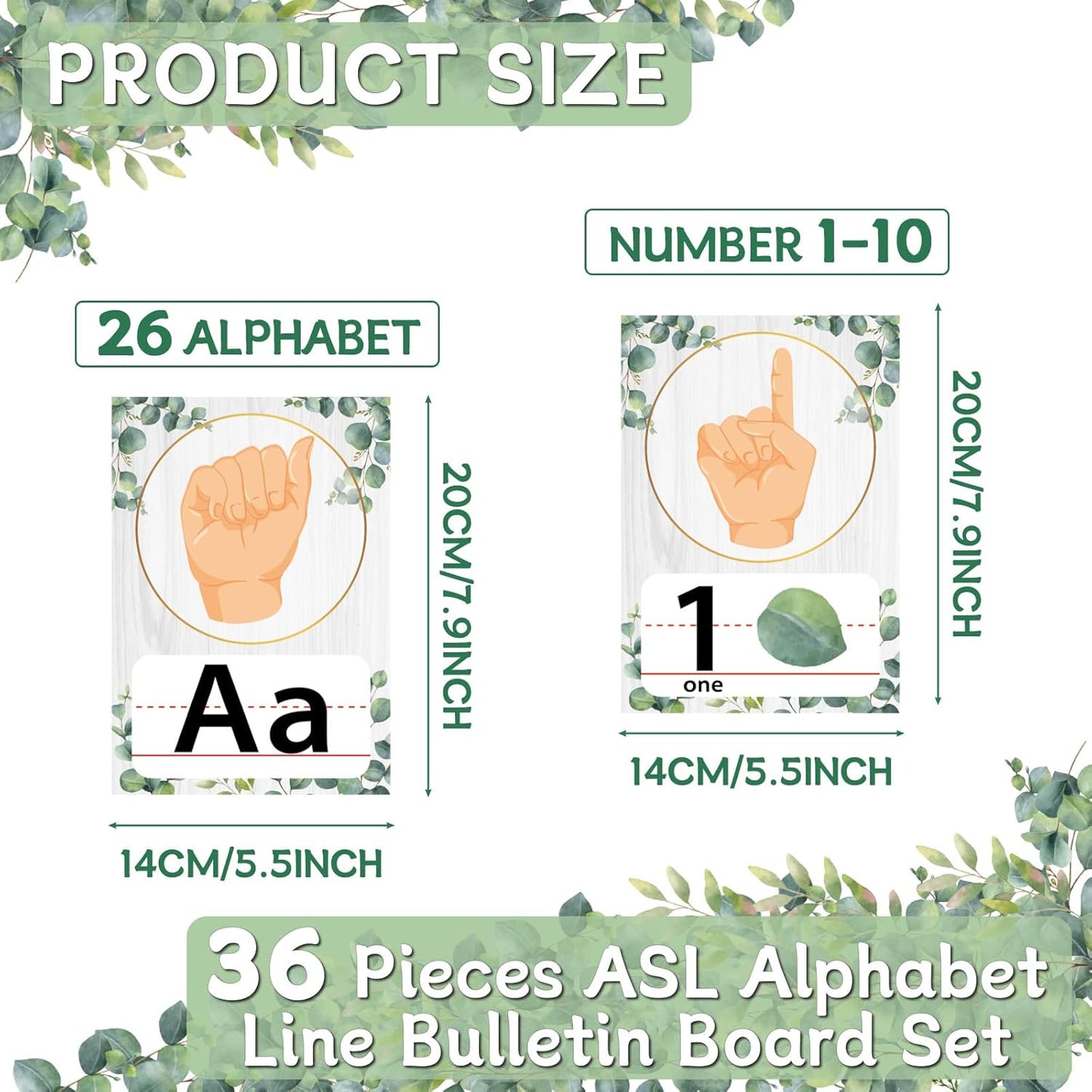 36PCS Eucalyptus ASL Alphabet Line Bulletin Board Set ABC Number Sign Language Flash Cards Alphabet Posters Learning American Sign Language Poster Classroom Wall Decor for Pre-School Home Toddler Kids