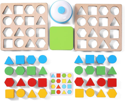 Wooden Puzzles Shape Color Matching Board Games Preschool Educational Montessori Toys for Kids 3 4 5 6 Years Old Boys Girls Brain Teaser Puzzle Logic Game with Bell Cards