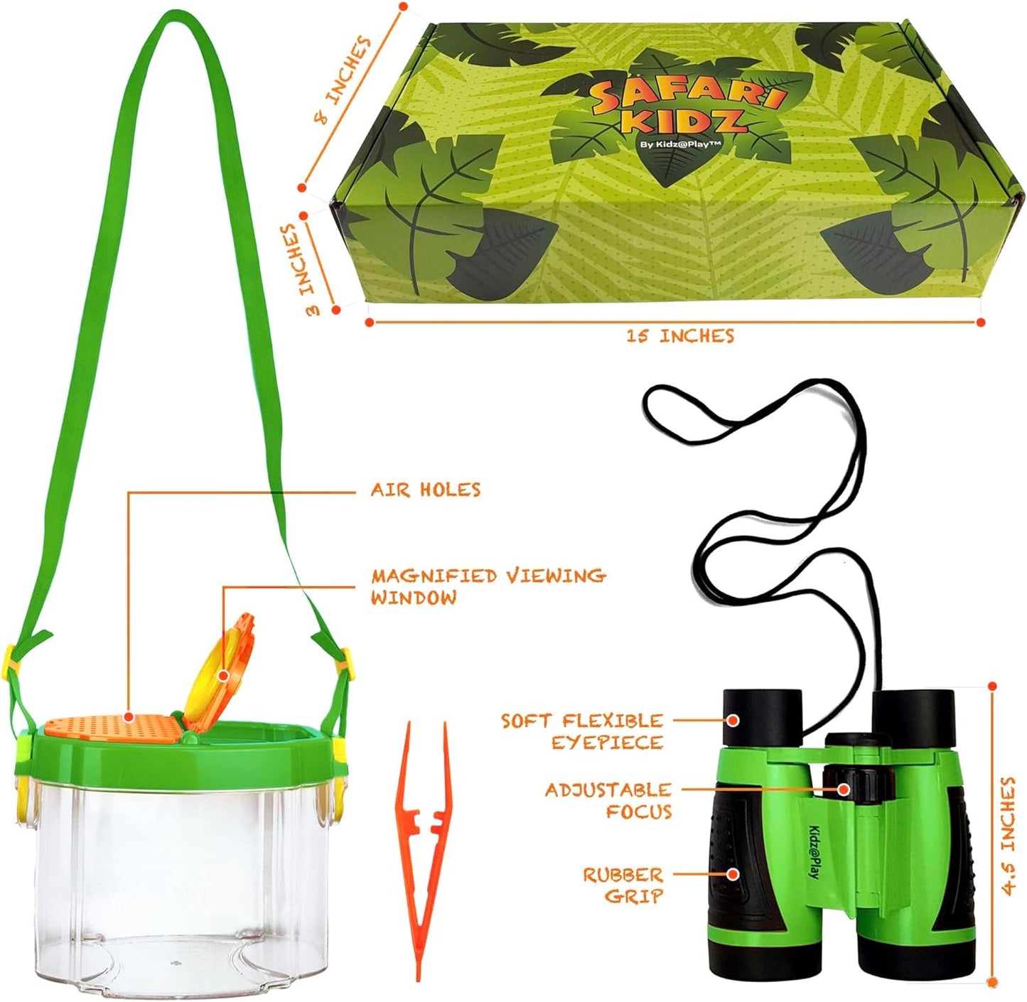 Kidz@Play Bug Hunting Kit, Vest, Hat, Binoculars, Lg. Net, Bug Container, Whistle, Flashlight, Magnifier, Thermostat, Compass, Tweezers
