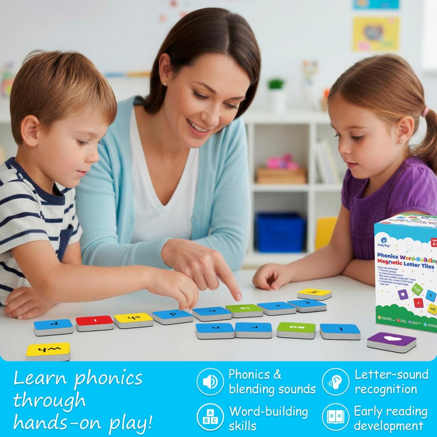 Simply Magic 910 PCS Magnetic Phonics Tiles, Magnetic Letter Tiles for Phonics, Spelling, Phonics Letter Tiles, All-In-One Phonics Manipulatives, Phonics Games for Kids, Reading Manipulatives - 7 Sets