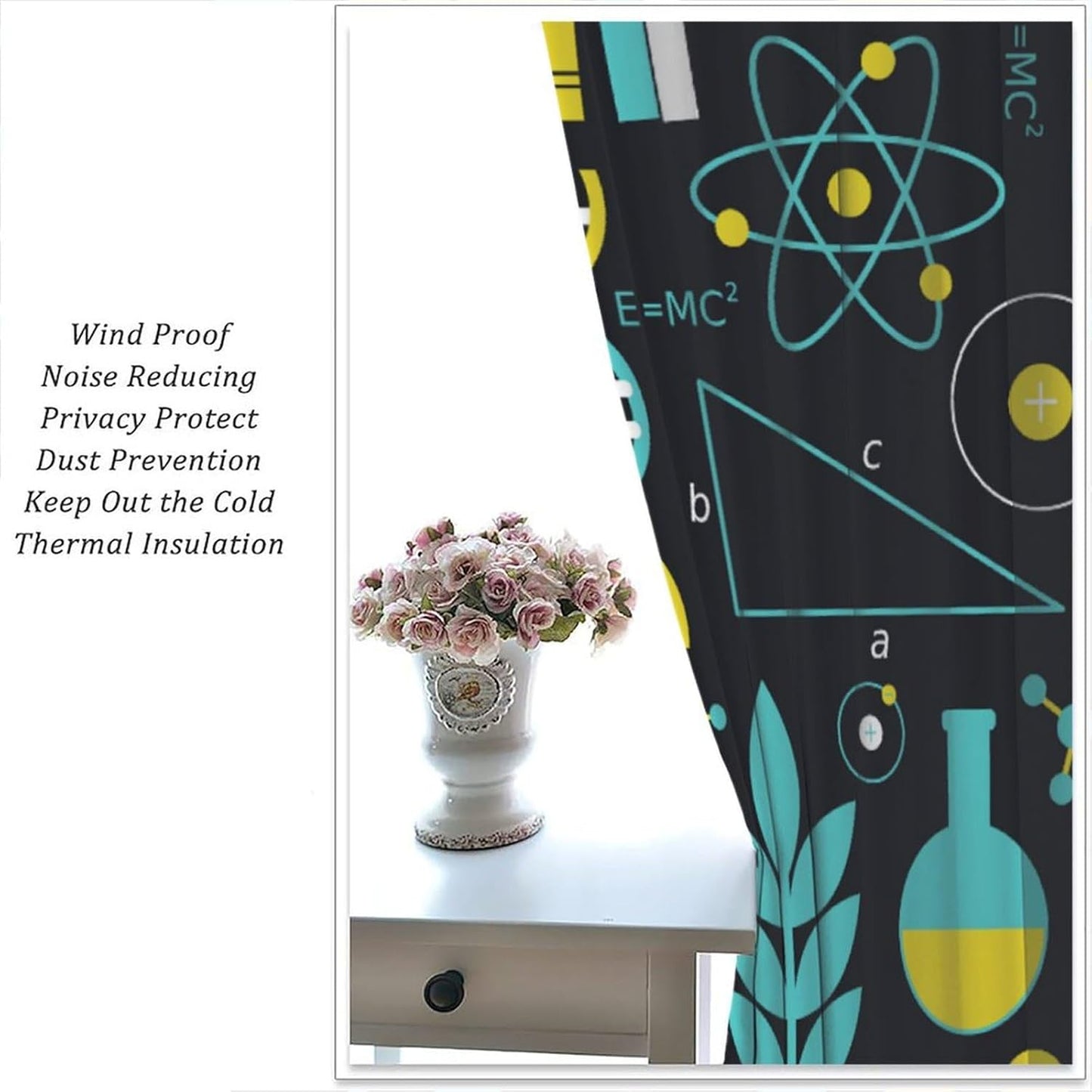 Science Physics Window Curtains, Abstract Math Chemistry Curtain Scientist Graffiti Print Window Treatments for Kids Teens Bedroom Living Room Kitchen Set 2 Panels,42x63 Inches