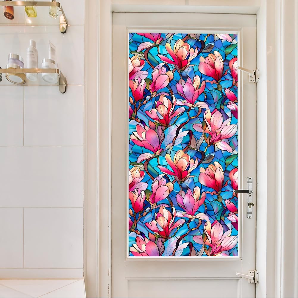 JOONOR Privacy Window Film Stained Glass Window Sticker Non-Adhesive Frosted Glass Film Decorative Magnolia Flower Pattern Static Cling Decals for Home UV Blocking/Heat Insulation 17.7 x 39.4 Inch