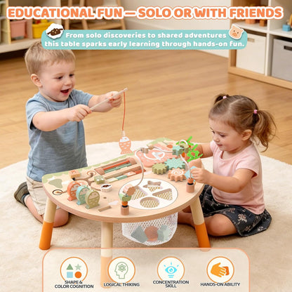 Wooden Activity Table for Toddlers 1-3, 9 in 1 Montessori Sensory Table with Bead Maze Shape Sorter Fishing Game, Baby Activity Center Learning Toys for 1 2 3 Year Old Boys Girls