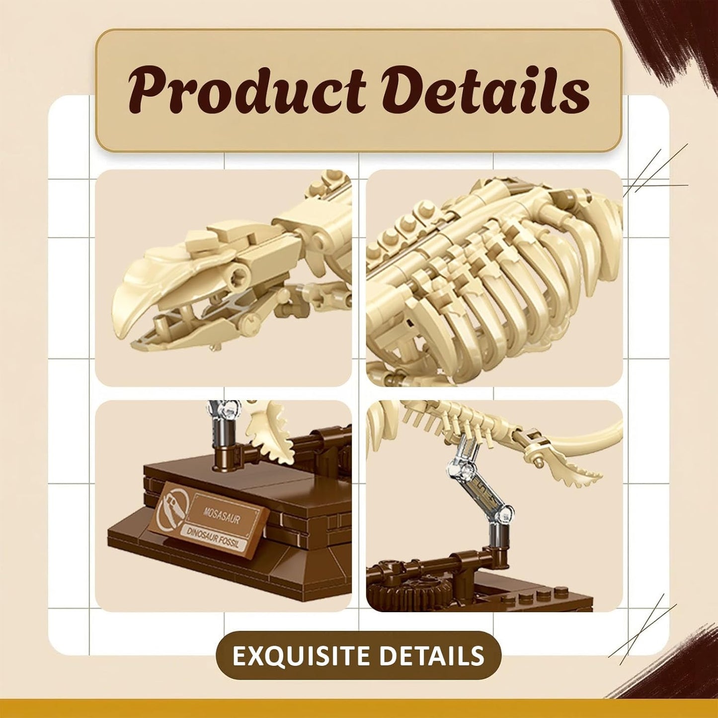 Mosasaurus Fossil Building Block Set – Mechanical Dinosaur Skeleton Model with Gear-Driven Movement and Display Base
