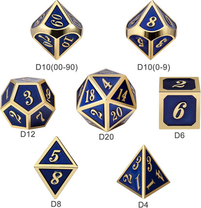 DnDnD Heavy Polyhedral Metal Dice Set with Metal Box, 7-die Shiny Blue Surface with Golden Number for RPG,Dungeons and Dragons,Pathfinder,Shadowrun,D&D,Role Palying Game and Math Teaching - Colors A