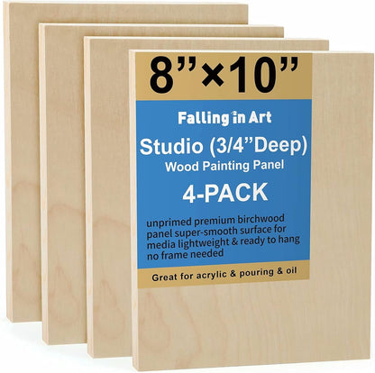 Falling in Art Unfinished Birch Wood Canvas Panels Kit, 4 Pack of 8x10’’ Studio 3/4’’ Deep Cradle Boards for Pouring Art, Crafts, Painting, and More