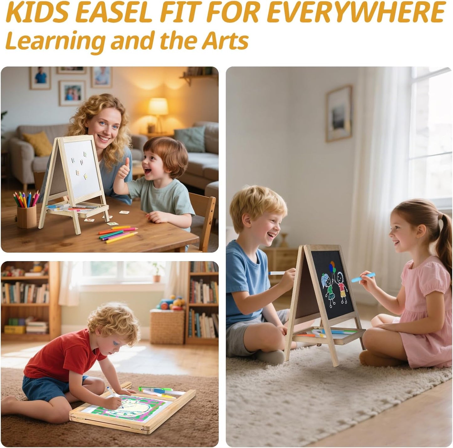 Tabletop Painting Wooden Art Easel for Kids - 4-in-1 Double-Sided Drawing Board for Toddlers 2-4, Chalkboard & Dry Whiteboard with Markers, Eraser, Magnetic Letters/Numbers & Flashcards