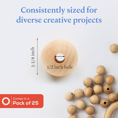 Large Wooden Beads for Crafts - Pack of 6 32mm 1-1/4 x 3/8 Inch Hole Large Wood Beads for Crafts withHoles for DIY | Round Wooden Balls for Crafts | Wood Beads for Jewelry Making | Woodpeckers