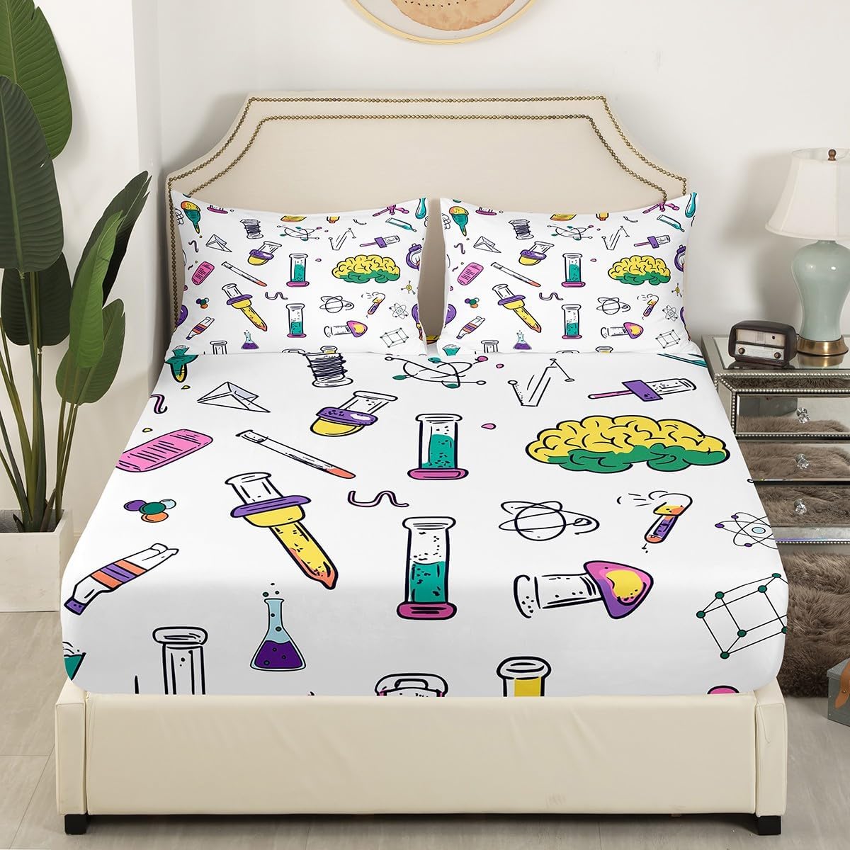 Erosebridal Science Theme Bed Sheets Set Full Size for Boys Girls Chemistry Periodic Table Print Sheet Set Chemical Subject Theme Sheets Teens Kids Math Science Atyle Fitted Sheet 4 Pcs