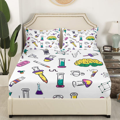 Erosebridal Science Theme Bed Sheets Set Full Size for Boys Girls Chemistry Periodic Table Print Sheet Set Chemical Subject Theme Sheets Teens Kids Math Science Atyle Fitted Sheet 4 Pcs