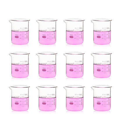 12pcs 50ml Upgrated Thick Glass Beakers, Shot Glass Beaker set, 3.3 Boro Griffin Low Form, Double Scale, LVA003