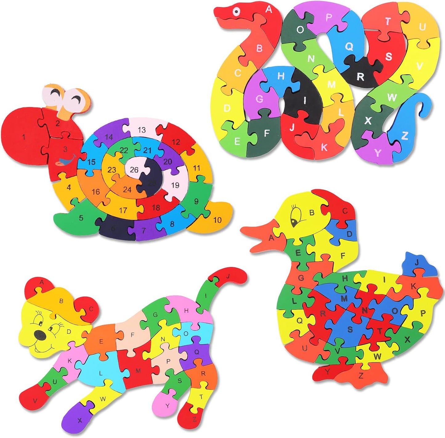 Yunsailing 4 Pcs Alphabet Jigsaw Puzzle Wooden Blocks Toys Alphabet Educational Toddler Puzzle Toys for Preschool Learning Party Favor Gift Learning (Snake, Snail, Duck, Leopard)