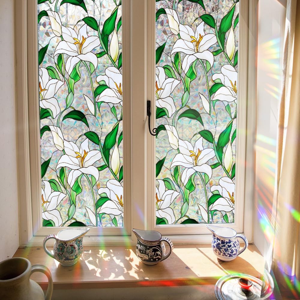 Flower Stained Glass Window Film Decorative Static Cling Stickers Sun Blocking Privacy Decals for Home Car White Lily
