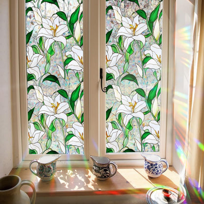 Flower Stained Glass Window Film Decorative Static Cling Stickers Sun Blocking Privacy Decals for Home Car White Lily