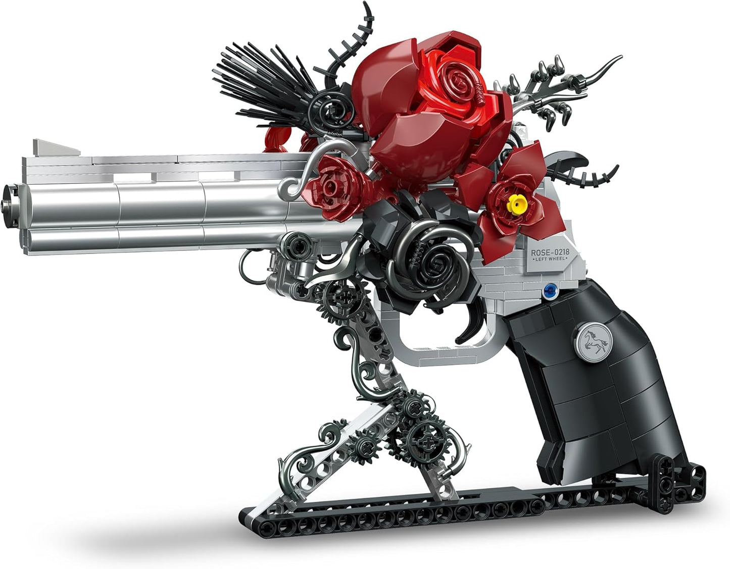 Gothic Rose Revolver Building Kit - Dark Romantic Fusion of Blood-Red Roses, Twisted Thorns & Industrial Gears, Movable Barrel, Cylinder & Trigger, Gifts Collection for Gothic Art Devotees
