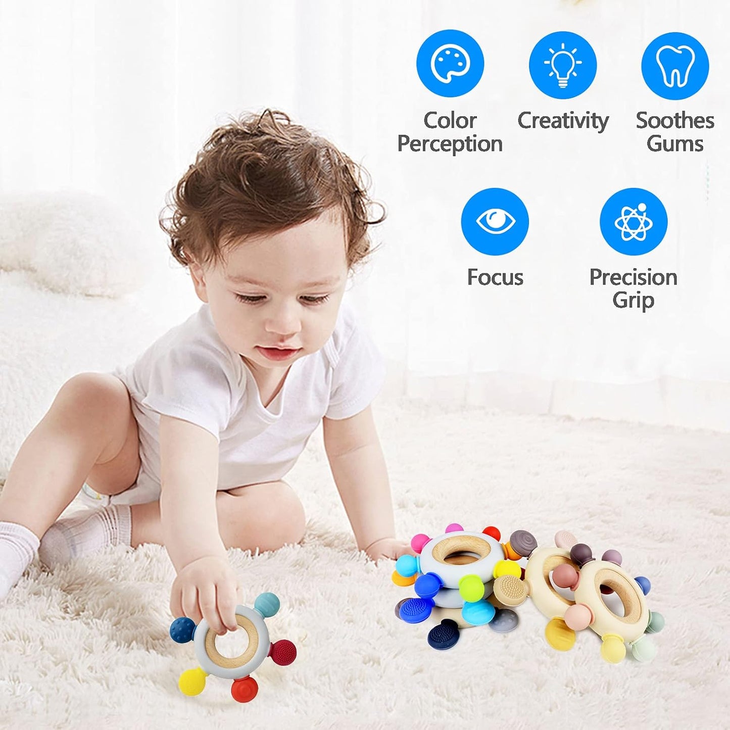 Baby Teething Toys Teething Rings Silicone Teethers for Babies 6-12 Months Baby Rattles & Plush Rings Sensory Toys for Soothing Sore Gums for Newborn Infant Essentials (Animals)