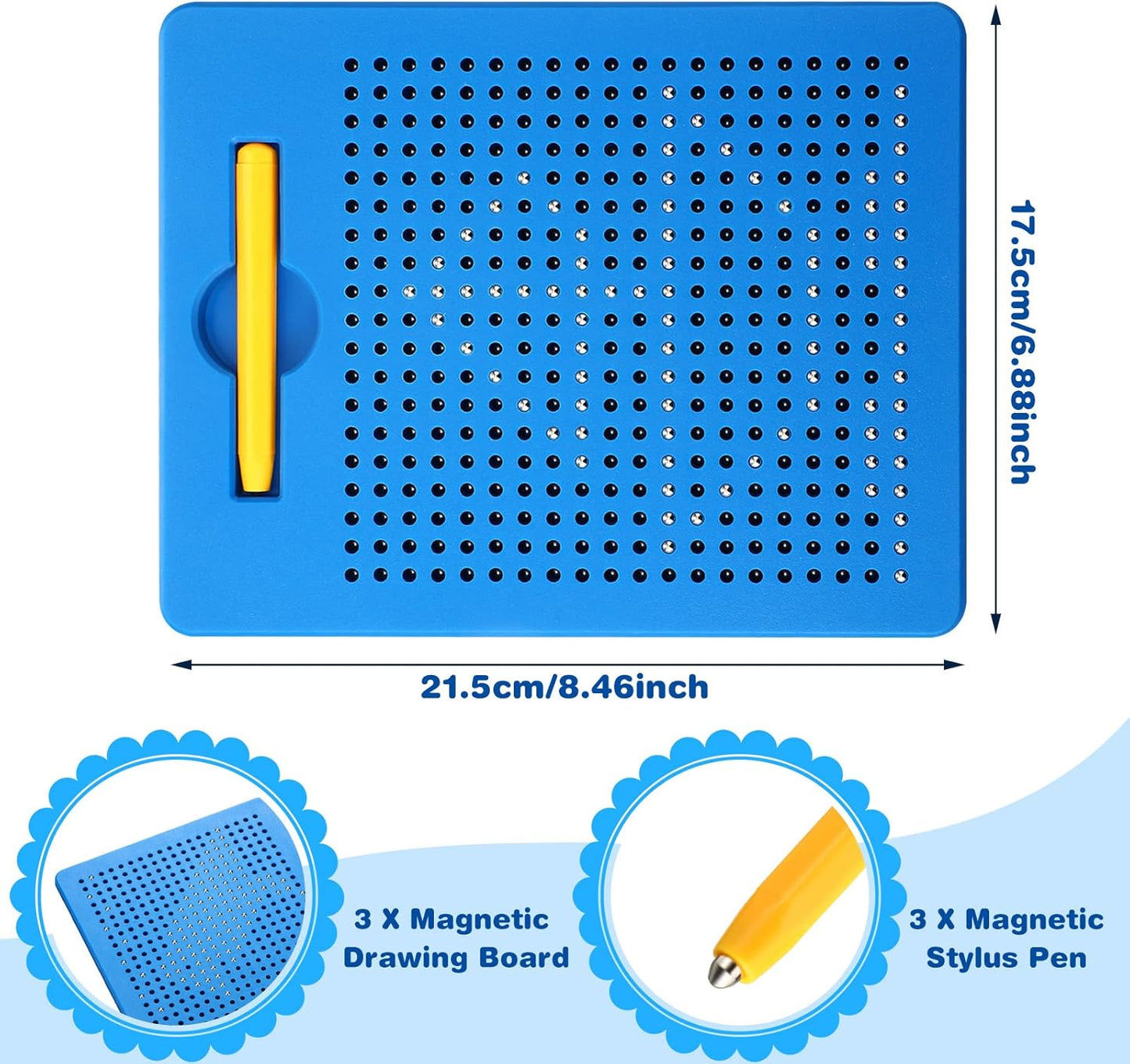 Yexiya 3 Pcs Magnetic Drawing Board for Kids, Toddler Travel Drawing Kit Magnet Sketch Thread Board with Stylus Pen and Beads Toy for Child Quiet Time Activities (7 x 8.5 Inches,Blue)