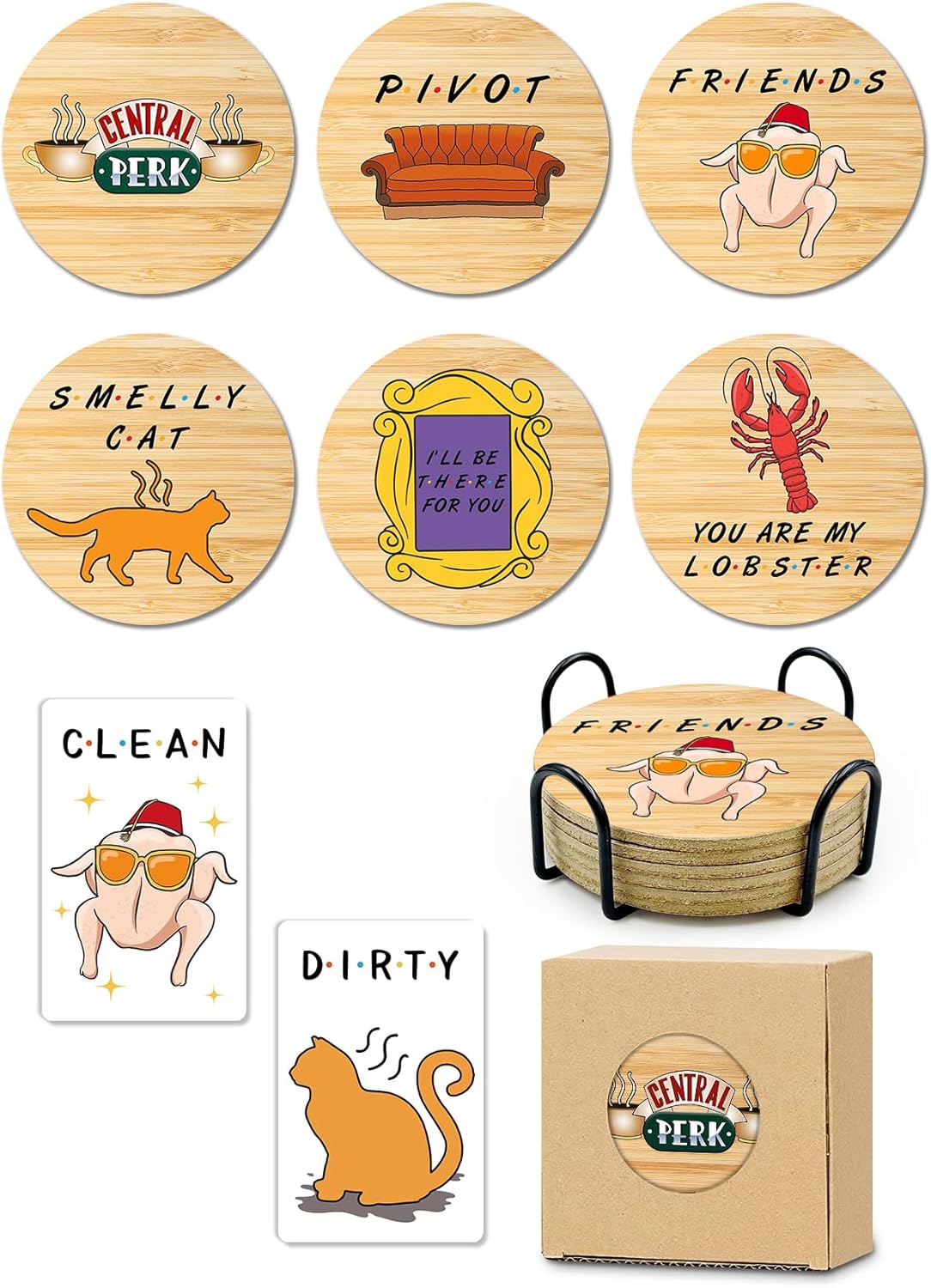 Golden Girls TV Show Merchandise,6 PCS Cork Coasters for Drinks,Funny Set with Coasters Holder,Golden Girls Fans Clean Dirty Dishwasher Magnet,Refrigerator Sign Kitchen Decor Gifts