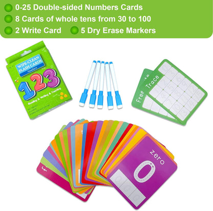 Number Flash Cards for Toddlers with 5 Dry Erase Pens, Numbers 0-25/30-100 Preschool Fun Learning Card, 36PCS Double Sides Counting Flashcards,Early Education Flashcards for Kids Ages 3+