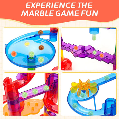 Marble Run Toy, 125pcs Marble Maze Kit STEM Educational Learning Toy for Kids, Construction Building Blocks Toys, Birthday Gift for Boys Girls 3-8（with 5 Glow in The Dark Glass Marbles）