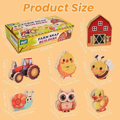 HUZU Animal Snap Wooden Building Blocks – Fun & Educational Puzzle Toy for Kids Aged 3-8, Features Cow, Bear, Lion and Turtle, Matching Game with Interchangeable Animal Faces & Emotions