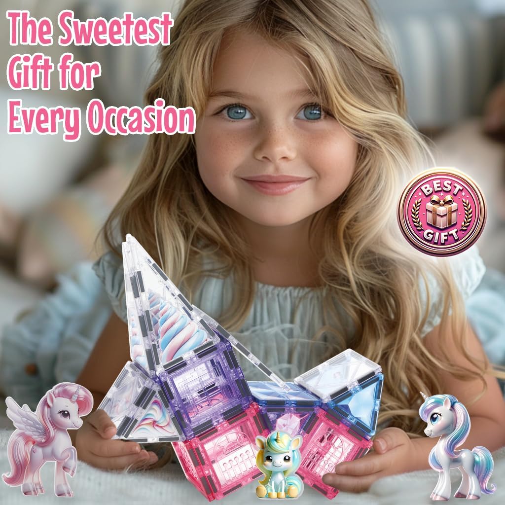 Little Pi 104pcs Frozen Princess Castle Magnetic Tiles Building Blocks - 3D Diamond Blocks, STEM Educational Toddler Toys for Pretend Play, 4 Year Old Girl Birthday Gifts Kids Ages 3 5 6 7 8 - Pink