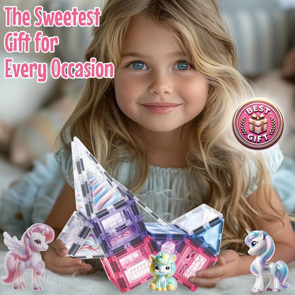 Little Pi 104pcs Frozen Princess Castle Magnetic Tiles Building Blocks - 3D Diamond Blocks, STEM Educational Toddler Toys for Pretend Play, 4 Year Old Girl Birthday Gifts Kids Ages 3 5 6 7 8 - Pink