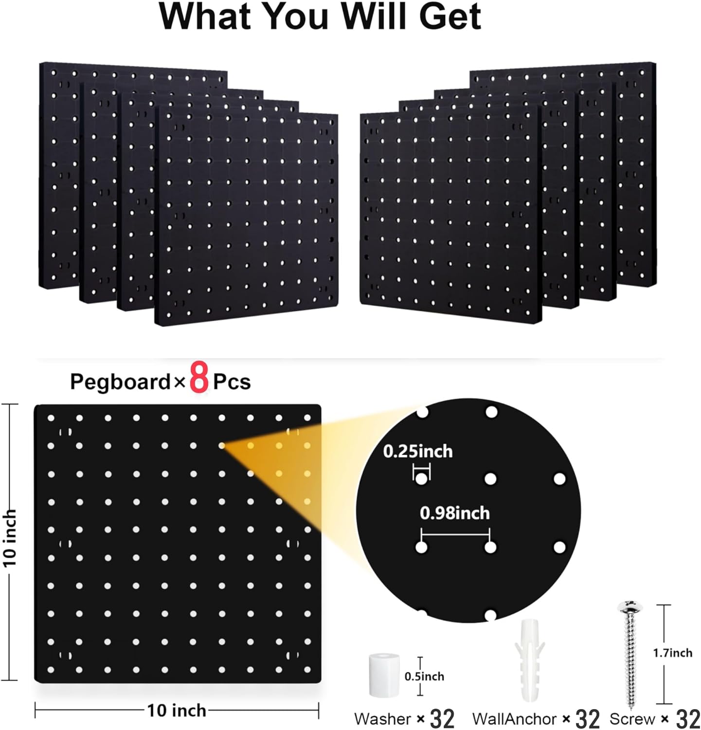 4Pcs Peg Board, Black Pegboard Wall Organizer Panels Wall Mount, ABS Pegboard for Craft Room Garage Kitchen Workshop, ABS Peg Boards Easy Installation