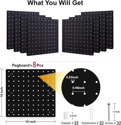 4Pcs Peg Board, Black Pegboard Wall Organizer Panels Wall Mount, ABS Pegboard for Craft Room Garage Kitchen Workshop, ABS Peg Boards Easy Installation