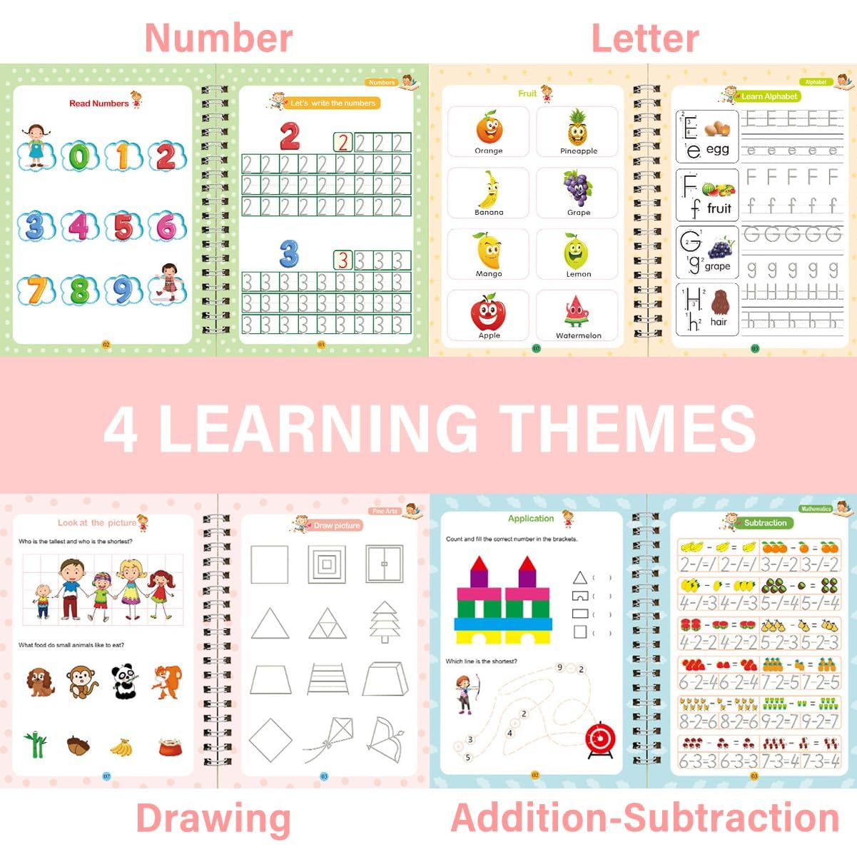 4 Pcs Reusable Grooved Handwriting Practice Books, Magic Practice Copybook with Disappearing Ink Pens Pencil Grips, Handwriting Workbook Letter Tracing Books for Kindergarten Preschool Kids Age 3-8