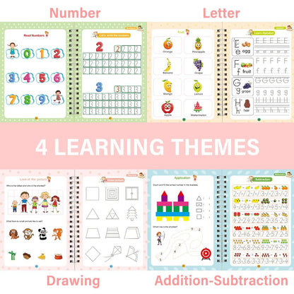 4 Pcs Reusable Grooved Handwriting Practice Books, Magic Practice Copybook with Disappearing Ink Pens Pencil Grips, Handwriting Workbook Letter Tracing Books for Kindergarten Preschool Kids Age 3-8
