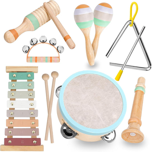 Raimy Kids Musical Instruments Set - Neutral Colors Wooden Montessori Toys Percussion Music Modern Boho Xylophone Birthday Gifts for 1 2 3 Year Old Baby Toddlers Boys Girls 3+ with Storage Bag