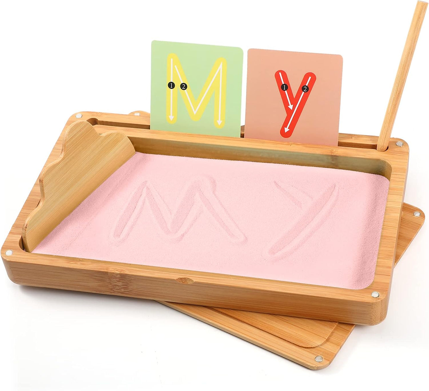 AtMini Montessori Sand Tray with Lid - Wooden Sand Trays for Kids Writing Letters and Numbers, Preschool Classroom Must Haves, Kindergarten Learning Tools (Blue)