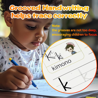 4 Magic Grooved Writing Practice for Kids - English Pre K Tracing Practice Book, Reusable Preschool Handwriting Workbooks Without Tears, 4-Theme Copybooks with Pen Refill for Age 3-10 (English, Small)