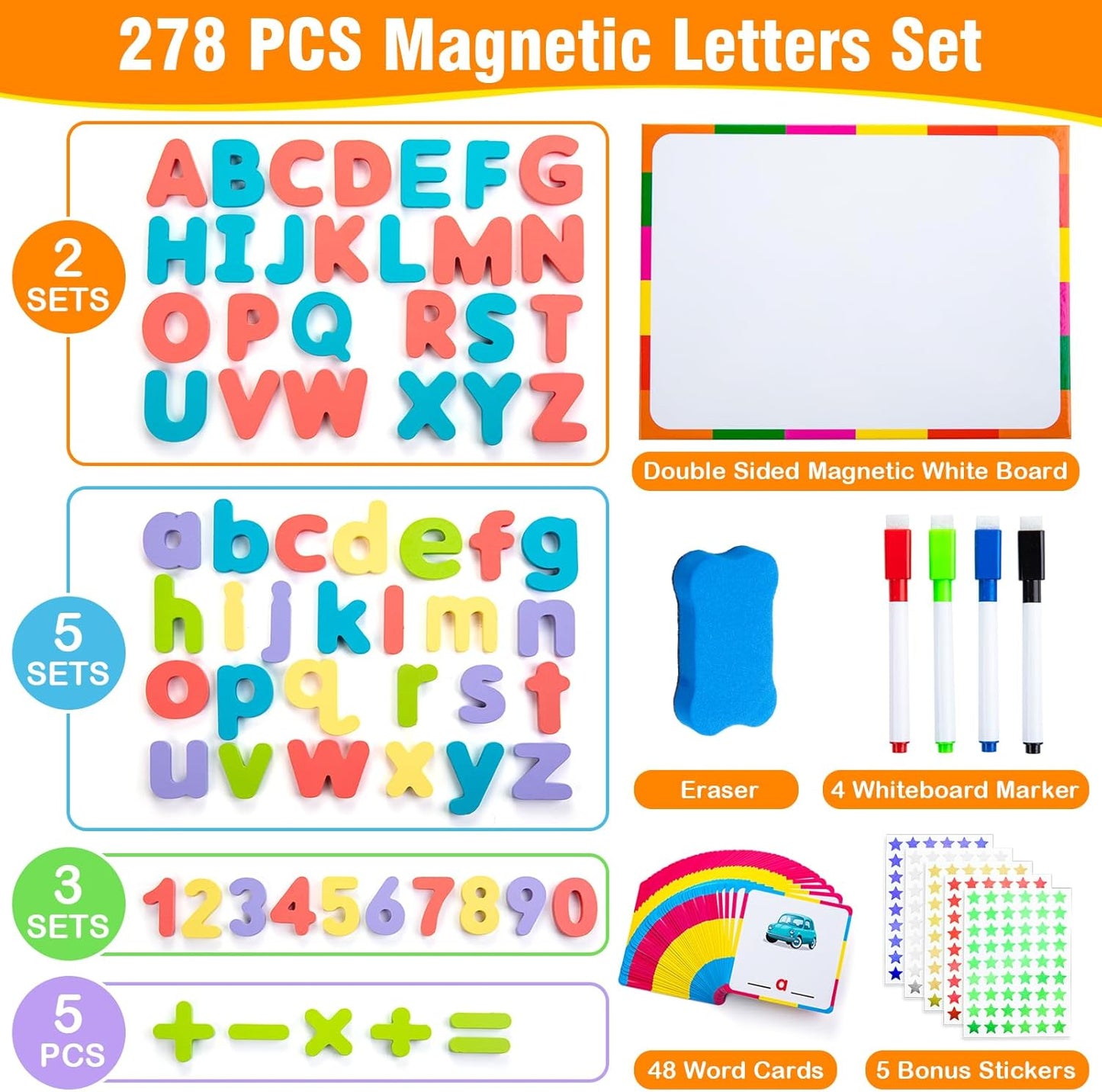 EFO SHM Classroom Magnetic Letters, 278 Pcs Wooden Alphabet Magnets with Double Sided Magnet Board Word Cards, Magnetic Letters and Numbers for Kids Spelling, ABC Fridge Magnets Education Toys