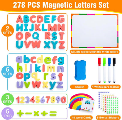EFO SHM Classroom Magnetic Letters, 278 Pcs Wooden Alphabet Magnets with Double Sided Magnet Board Word Cards, Magnetic Letters and Numbers for Kids Spelling, ABC Fridge Magnets Education Toys